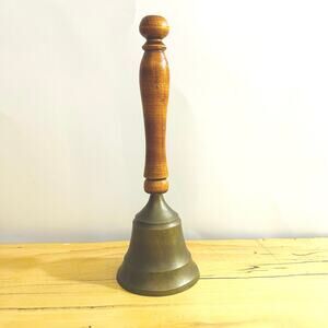 Vintage Handheld Brass Hand Bell Wood Handle Teacher School 8 3/4"